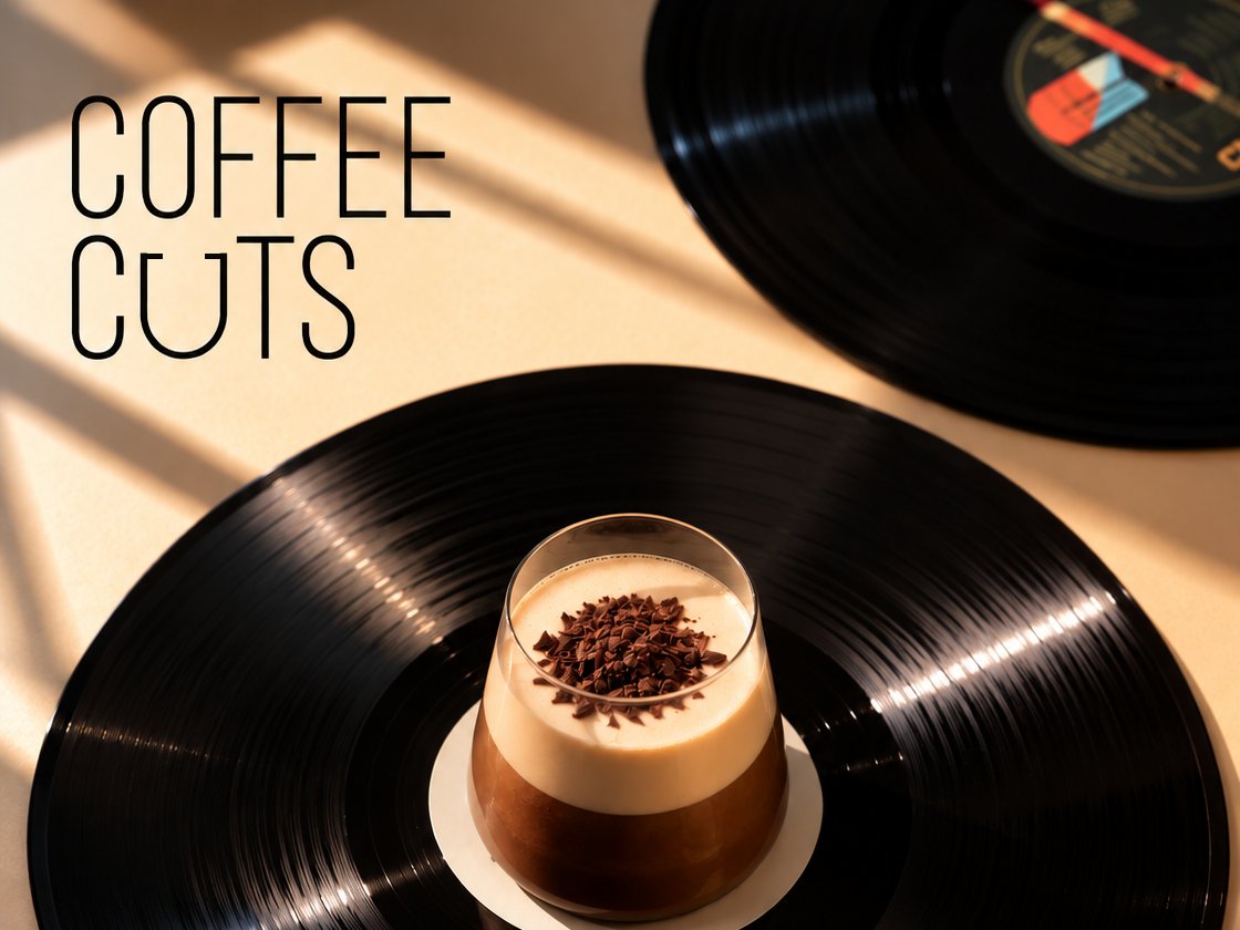 Coffee cuts: glas koffie op een vinylplaat in de zon